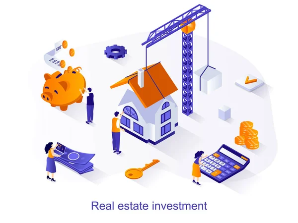 Инвестиции в недвижимость изометрические веб-концепции. Люди строят новые дома, вкладывают деньги в строительство и продажу или покупку квартир. Векторная иллюстрация для шаблона сайта в 3D дизайне — стоковый вектор