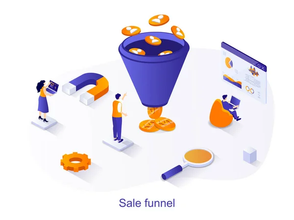 Conceito de web isométrica funil de venda. As pessoas estudam o comportamento do cliente, comunicação de negócios com o cliente, compra. Cena de ferramentas analíticas de marketing. Ilustração vetorial para modelo de site em design 3d —  Vetores de Stock