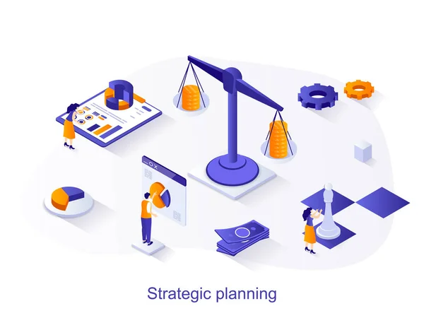 전략적 계획 기하학적 웹 개념. 사람들은 성공적 인 전략을 만들고, 재정 통계를 분석하고, 장기 목표 현장을 달성 합니다. ( 영어 ) Vector illustration for website template in 3d design — 스톡 벡터