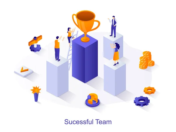 Succesvol team isometrische web concept. Mensen werken samen, bereiken zakelijke doelen, winnen waardevolle trofeeën en ontvangen winnaar cup scene. Vector illustratie voor website template in 3D-ontwerp — Stockvector