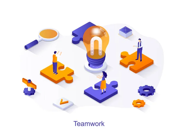 Teamwork izometrický web koncept. Lidé spolupracují, vytvářejí nápady, brainstorm, úspěšnou spolupráci kolegů, vývojovou scénu. Vektorová ilustrace pro webovou šablonu v 3D designu — Stockový vektor