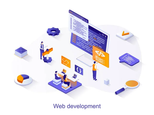 Web geliştirme izometrik web konsepti. İnsanlar bir web sayfası yaratıp optimize ediyorlar, kod ve arayüz tasarımıyla çalışıyorlar. Programcılar takım çalışması sahnesi. Web sitesi şablonu için 3B tasarım vektörü illüstrasyonu — Stok Vektör