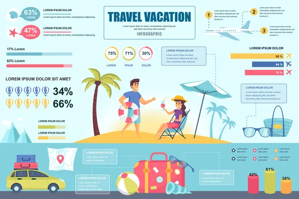 Utazás nyaralás koncepció banner infografikai elemekkel. Nyári kirándulás, repülőutak és utazás autóval. Plakátsablon grafikus adatvizualizációval, idővonallal, munkafolyamattal. Vektorillusztráció — Stock Vector