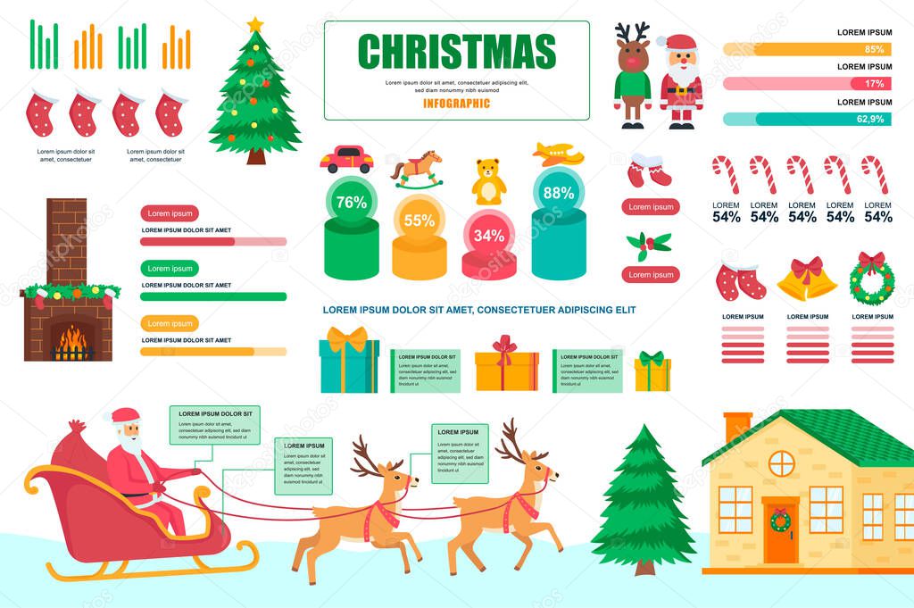 Christmas concept banner with infographic elements. Santa Claus, gifts and sweets, festive traditional decor. Poster template with graphic data visualization, timeline, workflow. Vector illustration