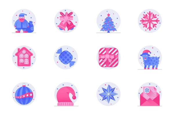 Concepto de Navidad web iconos de color plano con conjunto de sombras. Empaque pictogramas de Santa Claus, campana, árbol, copo de nieve, dulces, regalo, pelota y otros. Ilustración vectorial de símbolos para el diseño de aplicaciones móviles sitio web — Archivo Imágenes Vectoriales