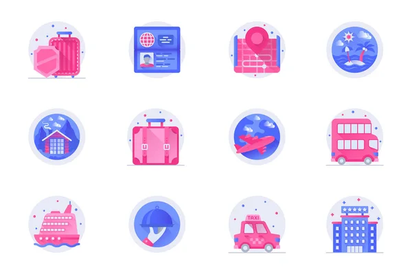 Resor semester koncept webb platt färg ikoner med skugga set. Packa piktogram bagage, pass, rutt, karta, ö, flygplan och annat. Vektor illustration av symboler för webbplats mobil app design — Stock vektor