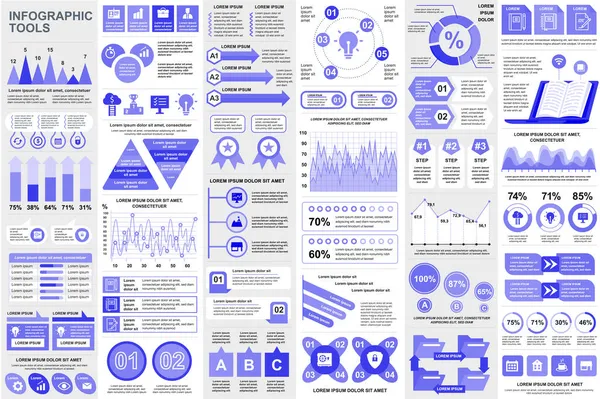 Pakiet elementów infograficznych szablon projektu wektora wizualizacji danych. Mega zestaw. Może być stosowany do kroków, procesów biznesowych, przepływu pracy, schemat, schemat, schemat, oś czasu, ikony, grafika info. — Wektor stockowy