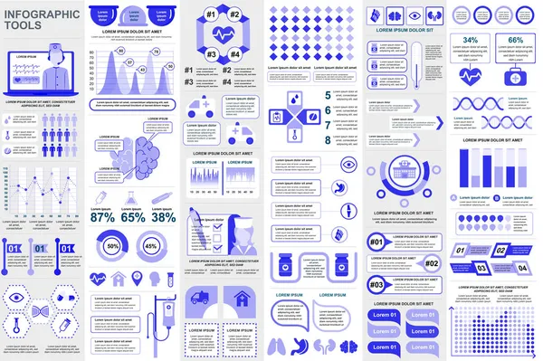 Paquete de elementos de infografía médica visualización de datos plantilla de diseño vectorial. Mega set. Se puede utilizar para pasos, procesos, flujo de trabajo, diagrama, concepto de salud, línea de tiempo, iconos, gráficos de información. — Archivo Imágenes Vectoriales