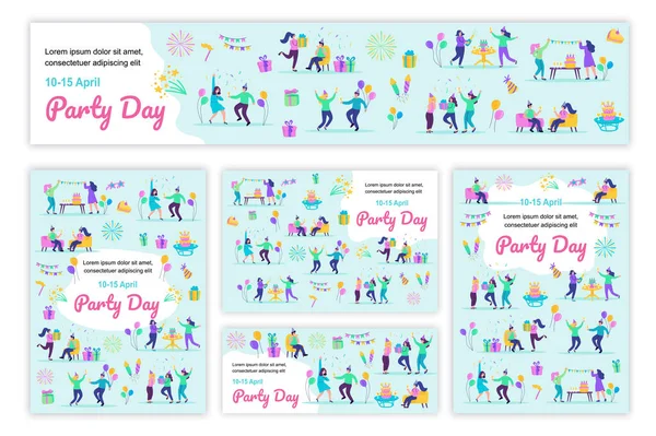 Cartel del día de fiesta y plantillas de banner establecidas. Los hombres y las mujeres se divierten en el evento de cumpleaños, celebran las vacaciones, dan regalos y bailan. Folleto de portada con personas minúsculas en diseño plano. Ilustración vectorial. — Vector de stock