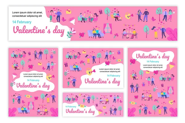 Cartel del día de San Valentín y plantillas de banner establecidas. Los hombres y las mujeres enamorados van a una cita romántica, dando regalos, celebrando las vacaciones. Folleto de portada con personas minúsculas en diseño plano. Ilustración vectorial. — Vector de stock