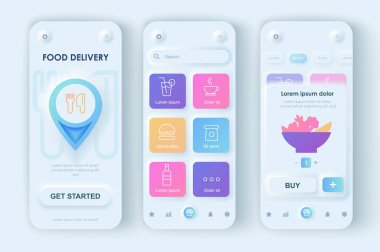 Teslimat konsepti neumorfik şablonlar ayarlandı. Yiyecek ya da içecek seçenekleri, online siparişler, eve servis servisi. UI, UX, ilgili mobil uygulama için GUI ekranları. Neumorphism biçiminde vektör tasarım kiti