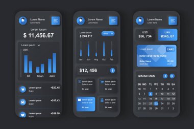 Finans hizmetleri konsepti neumorfik şablonlar ayarlandı. Finansal veri görselleştirme, müşteri bakımı. UI, UX, ilgili mobil uygulama için GUI ekranları. Neumorphism biçiminde vektör tasarım kiti