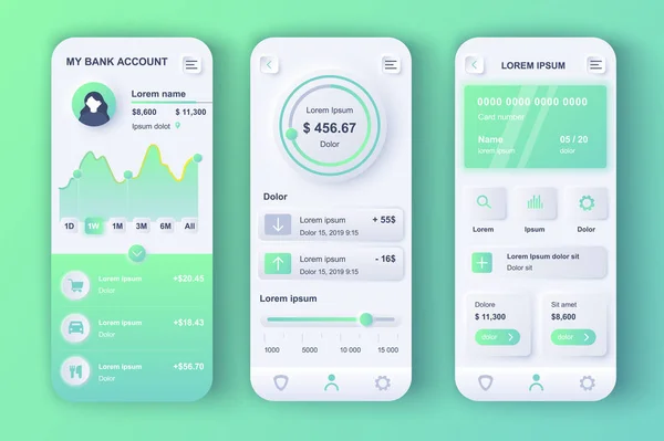 Online bankieren concept neumorfe sjablonen ingesteld. Financiële administratie, kredietkaart, betalings- en bankdiensten. UI, UX, GUI schermen voor responsieve mobiele app. Vector design kit in pneumorfisme stijl — Stockvector