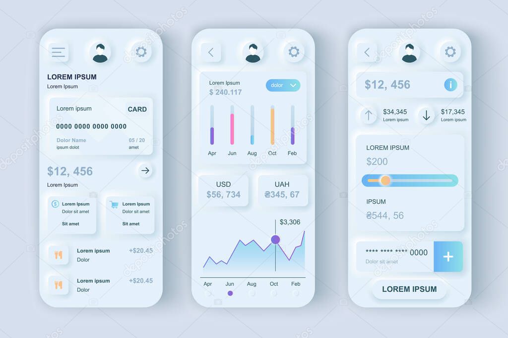 Finance services concept neumorphic templates set. Financial account management and statistics visualization. UI, UX, GUI screens for responsive mobile app. Vector design kit in neumorphism style