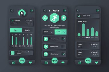 Spor konsepti neumorfik şablonlar ayarlandı. Günlük takip cihazı, spor aktivitesi, eğitim planı. UI, UX, ilgili mobil uygulama için GUI ekranları. Neumorphism biçiminde vektör tasarım kiti
