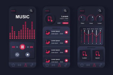 Müzik çalar konsepti neumorfik şablonlar ayarlandı. Oyuncu arayüzü düğmeler, şarkı listesi, ses ayarları, çalma listeleri. UI, UX, ilgili mobil uygulama için GUI ekranları. Neumorphism biçiminde vektör tasarım kiti