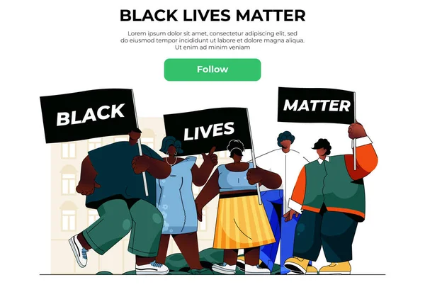 黑人生命是网络横幅概念的重要组成部分。非洲男男女女手持集会标语，一起抗议，人权斗争登陆页模板。平面设计中的人物形象矢量图解 — 图库矢量图片