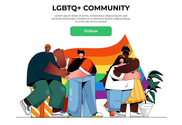 Концепция веб-баннера ЛГБТК-сообщества. Happy hugging multiracial gay and lesbian couples with rainbow flag, human rights pride landing page template. Векторная иллюстрация с изображением людей в плоском дизайне — стоковый вектор