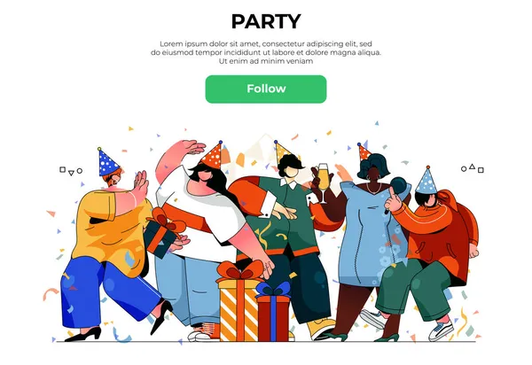 Feestbanner concept. Gelukkig mannen en vrouwen vieren vakantie op feestelijk evenement, dansen en geven geschenken, entertainment landing page template. Vector illustratie met mensen scene in plat ontwerp — Stockvector