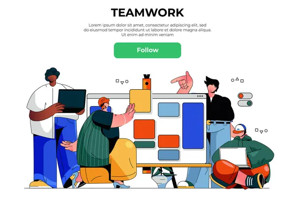 Teamwork Webbanner Konzept. Männer und Frauen arbeiten an Projekten zusammen, erstellen Websitevorlagen, Erfolgs-Brainstormings, Zielseitenvorlagen. Vektorillustration mit Personenszene in flachem Design — Stockvektor