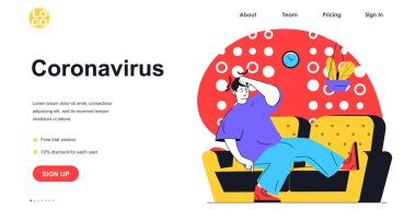 Coronavirus hastalığı web pankartı konsepti. Hasta adam başını tutuyor ve evde kalıyor, ateş ve baş ağrısı semptomları, iniş sayfası şablonu. Düz dizaynlı insanların bulunduğu vektör illüstrasyonuName