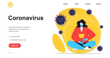 Coronavirus hastalığı web pankartı konsepti. Tıbbi maskeli kadın ve eldivenler virüs enfeksiyonuna karşı koruma sağlıyor. Virüs önlemi sayfa şablonu. Düz dizaynlı insanların bulunduğu vektör illüstrasyonuName