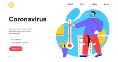 Coronavirus hastalığı web pankartı konsepti. Tıbbi maskeli adam termometreyi gösteriyor, yüksek sıcaklık enfeksiyonun belirtisi, iniş sayfası şablonu. Düz dizaynlı insanların bulunduğu vektör illüstrasyonuName