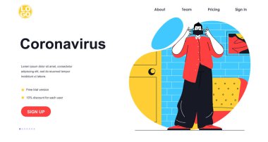 Coronavirus önleme web pankartı konsepti. Adam kapının önünde tıbbi maske takıyor. Virüsün yayılma önlemleri, iniş sayfası şablonu. Düz dizaynlı insanların bulunduğu vektör illüstrasyonuName