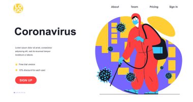 Coronavirus web pankartı konseptini durdur. Koruyucu giysili sıhhiye ve dezenfektan tedavileri. Virüsle mücadele, iniş sayfası şablonu. Düz dizaynlı insanların bulunduğu vektör illüstrasyonuName