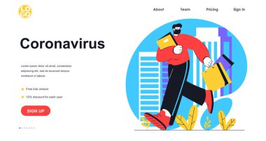 Coronavirus web pankartı konseptini durdur. Tıbbi maskeli adam işe ofisinde gidiyor. Viral enfeksiyonla mücadele, iniş sayfası şablonu. Düz dizaynlı insanların bulunduğu vektör illüstrasyonuName