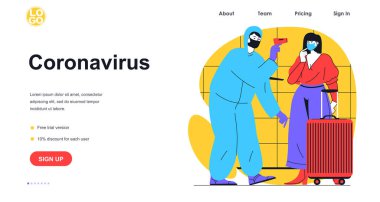 Coronavirus web pankartı konseptini durdur. Sıhhiye kadın sıcaklığını kızılötesi termometreyle ölçer. Virüs enfeksiyonuyla mücadele sayfası şablonu. Düz dizaynlı insanların bulunduğu vektör illüstrasyonuName
