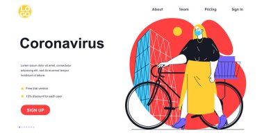 Coronavirus web pankartı konseptini durdur. Maskeli kadın bisiklete biniyor ya da şehirde kurye olarak çalışıyor. Virüs enfeksiyonuyla mücadele sayfası şablonu. Düz dizaynlı insanların bulunduğu vektör illüstrasyonuName