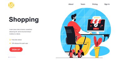 Alış veriş sitesi ilanı. Adam internet sitesinden, mağazadan, marketten ya da alışveriş merkezinden, e-ticaret iniş sayfası şablonundan alışveriş yapıyor. Düz dizaynlı insanların bulunduğu vektör illüstrasyonuName