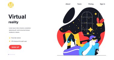 Sanal gerçeklik web afişi. Sanal gerçeklik gözlüklü bir kadın eğitimsel artırılmış simülasyon ve iniş sayfası şablonu içinde uzayı ve yıldızları keşfediyor. Düz dizaynlı insanların bulunduğu vektör illüstrasyonuName