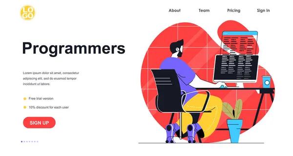 Programer yang mengerjakan konsep banner web. Manusia bekerja pada komputer di tempat kerja kantor, kode kode atau skrip, menciptakan templat halaman pendaratan perangkat lunak. Vektor ilustrasi dengan orang-orang adegan dalam desain datar - Stok Vektor