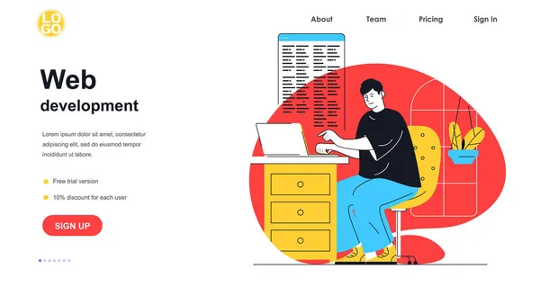 Développement web concept de bannière web. L'homme travaille avec le code sur ordinateur portable, teste et optimise la page, personnalise et programmation, modèle de page de destination. Illustration vectorielle avec scène de personnes dans le design plat — Image vectorielle