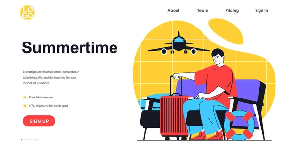 Concepto de banner web de vacaciones de verano. Hombre con maleta y va de viaje, pasajero viajero con equipaje en el aeropuerto, plantilla de página de aterrizaje. Ilustración vectorial con escena de personas en diseño plano — Archivo Imágenes Vectoriales