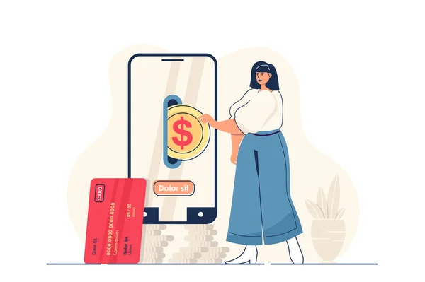 Concepto de banca móvil para banner web. Mujer paga por las compras en la aplicación móvil, contabilidad y transacción escena de la persona moderna. Ilustración vectorial en diseño plano de dibujos animados con personajes de personas — Archivo Imágenes Vectoriales