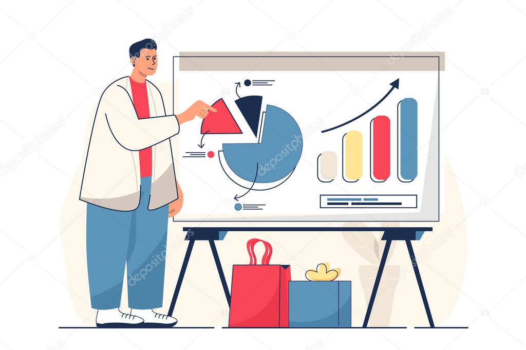 Sales performance concept for web banner. Man analyzes financial data, makes presentation, business statistics modern person scene. Vector illustration in flat cartoon design with people characters