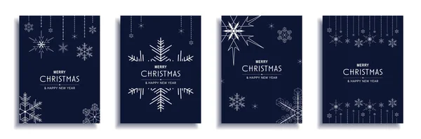 Feliz Navidad y Año Nuevo 2022 folleto cubre conjunto. Diseño de banner minimalista de Navidad con bordes decorativos de copos de nieve blancos sobre fondos azules. Ilustración vectorial para folleto, póster o tarjeta de felicitación — Vector de stock