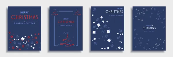 Счастливого Рождества и Нового 2022 года! Рождественский минимальный дизайн баннера со звездами, снежинками и рисунками подарков на синем фоне. Векторная иллюстрация для листовки, плаката или поздравительной открытки — стоковый вектор