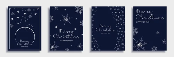 Merry Christmas and New Year 2022 brochure covers set. Xmas minimal banner design with white snowflakes patterns and text on blue backgrounds. Vector illustration for flyer, poster or greeting card — Stock Vector