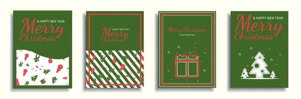 Vrolijk Kerstfeest en Nieuwjaar 2022 brochure covers set. Kerstmis minimale banner ontwerp met geschenken, boom, sneeuwpoppen, sneeuwvlokken op groene achtergronden. Vector illustratie voor flyer, poster of wenskaart — Stockvector