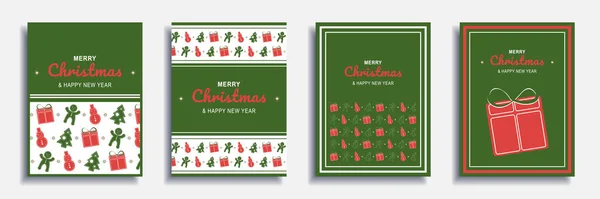 Feliz Navidad y Año Nuevo 2022 folleto cubre conjunto. Diseño de banner mínimo de Navidad con árboles, regalos, panes de jengibre, patrones de muñecos de nieve en las fronteras. Ilustración vectorial para folleto, póster o tarjeta de felicitación — Archivo Imágenes Vectoriales