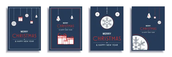 Feliz Navidad y Año Nuevo 2022 folleto cubre conjunto. Diseño de banner minimalista de Navidad con copos de nieve colgantes en bolas, regalos y árboles festivos. Ilustración vectorial para folleto, póster o tarjeta de felicitación — Archivo Imágenes Vectoriales