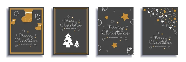 Merry Christmas and New Year 2022 brochure covers set. Xmas minimal banner design with gold socks and stars, white trees, festive borders. Vector illustration for flyer, poster or greeting card — Stock Vector