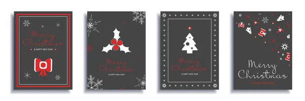 Merry Christmas and New Year 2022 brochure covers set. Xmas minimal banner design with red bow, holly, white festive tree and pattern bordure. Vector illustration for flyer, poster or greeting card — Stock Vector