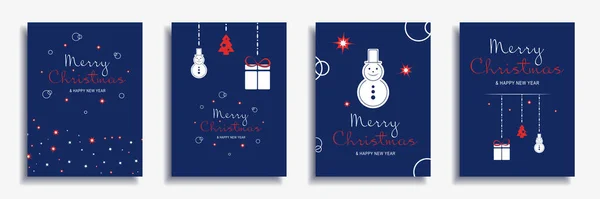 Feliz Navidad y Año Nuevo 2022 folleto cubre conjunto. Diseño de banner mínimo de Navidad con muñecos de nieve colgantes, árboles festivos, regalos y patrones de estrellas. Ilustración vectorial para folleto, póster o tarjeta de felicitación — Archivo Imágenes Vectoriales