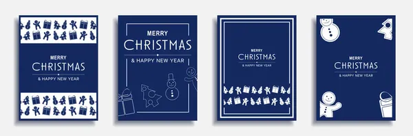 Feliz Navidad y Año Nuevo 2022 folleto cubre conjunto. Diseño de banner minimalista de Navidad con bordes decorativos con regalos, árboles, muñeco de nieve y otros. Ilustración vectorial para folleto, póster o tarjeta de felicitación — Archivo Imágenes Vectoriales