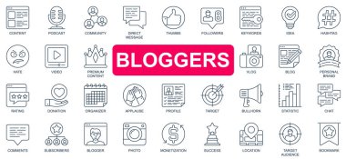 Blogcular basit satır simgeleri kavramını belirlediler. İçerik, podcast, yorum, takipçiler, kişisel marka, derecelendirme, bağış, hedef ve diğerleri. Web sitesi veya mobil uygulama tasarımı için vektör paketi ana hatları sembolleri
